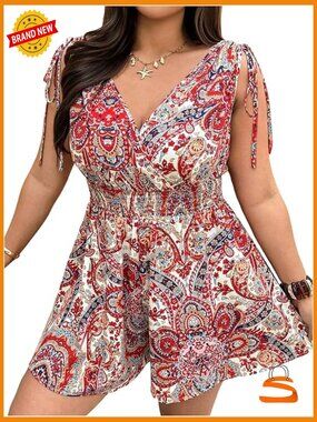Plus Size Boho Romper Sleeveless Tie Shoulder Wide Leg Jumpsuit
